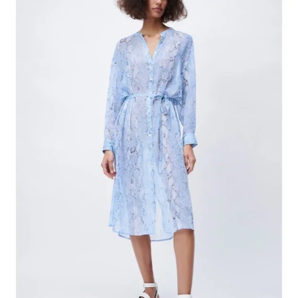 Zara | Dresses | Nwt Zara Blue Semisheer Animal Print Shirt Dress Size L |  Poshmark